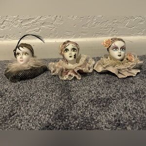 Vintage Set of 3 Porcelain Doll Heads Black, White, pink purple ‘80’s 3.5#